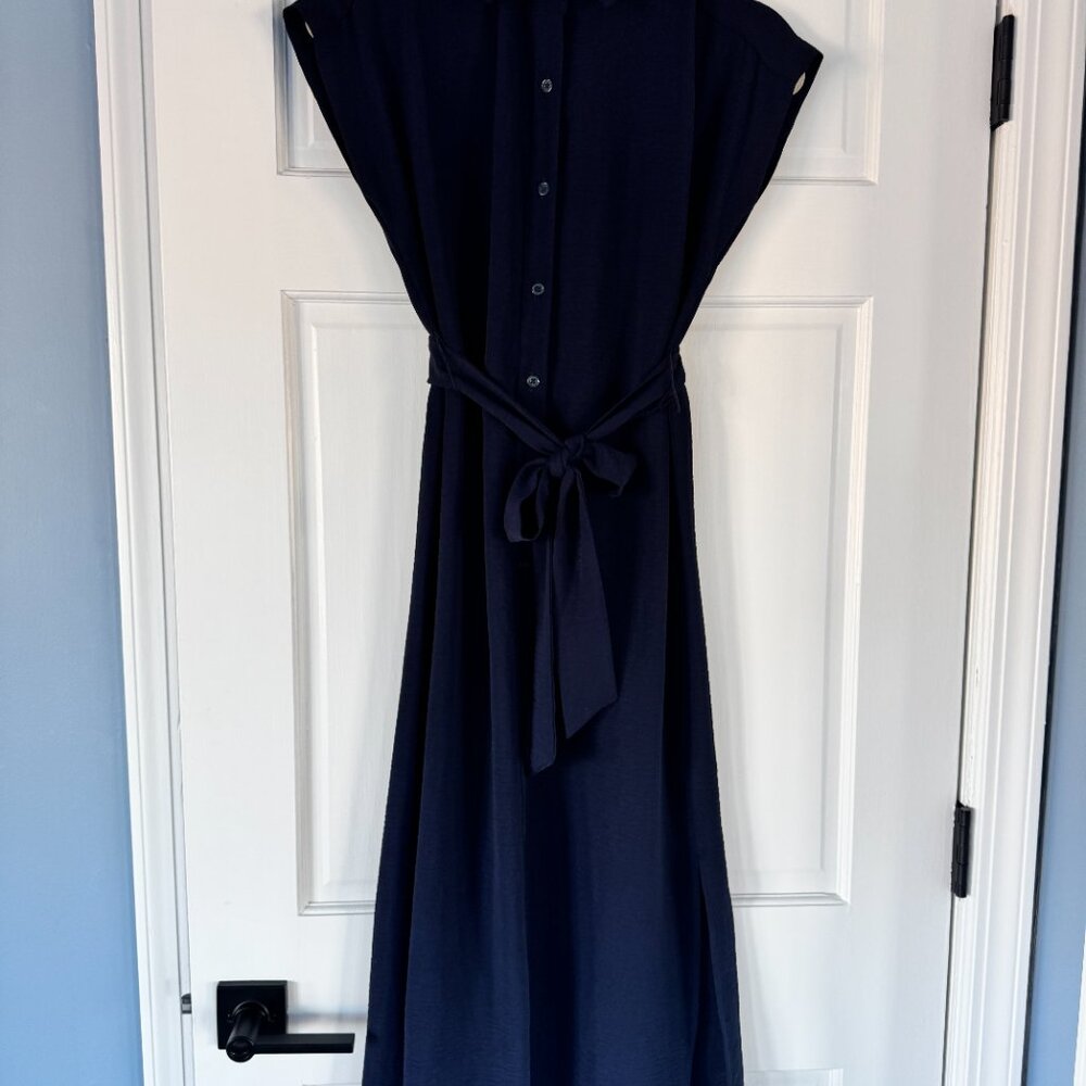 DKNY Navy Midi Shirt Dress Size 2 Belted Button Front Sleeveless Minimalist - Picture 2 of 10